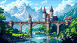 © Akash Tholiya - Colorful 16-bit pixel art castle perched atop an arch bridge with a scenic backdrop