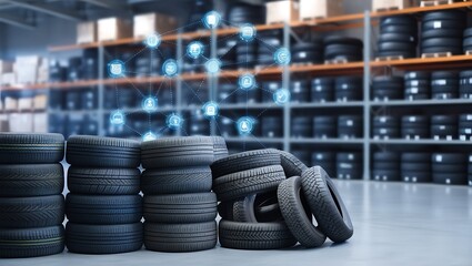 The car tire stack in the warehouse of the auto service. Tire fitting background. stack of car tires