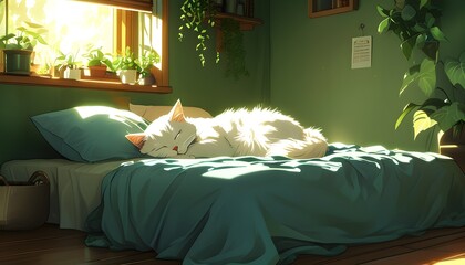 Sticker - Cozy anime-inspired bedroom with a white cat napping in the sunlight surrounded by green walls and vibrant houseplants