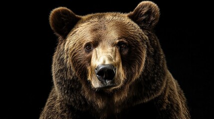 Wall Mural - a close-up portrait of a brown bear looking directly at the camera against a black background.