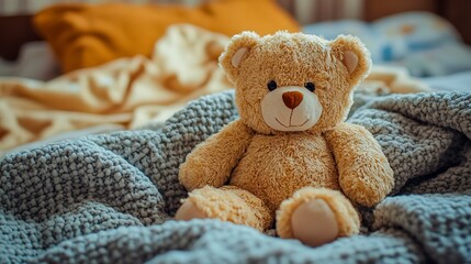 Canvas Print - A cute teddy bear is positioned on a blanket, symbolizing warmth and childhood innocence