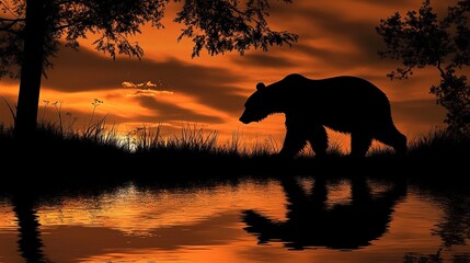 Sticker - A silhouette of a bear walking by the water, creating a serene nature scene