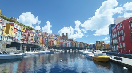 Wall Mural - A vibrant waterfront scene with colorful buildings and boats under a clear blue sky.