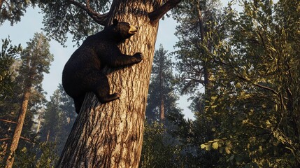 Poster - 4K Realistic Giant sequoia with black bear climbing trunk