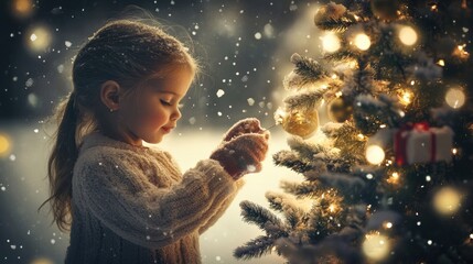 Poster - A little girl decorating a christmas tree in the snow