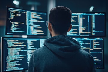 Programmer working on multiple monitors in a dark room