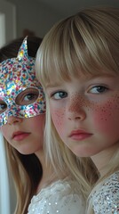 Poster - Two little girls wearing carnival masks with confetti sprinkles on them