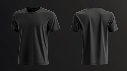 Wall Mural - Blank black clean t-shirt mockup, isolated and showcasing front and back views in 3D rendering. This mockup serves as a template for football clothes, presented in a classic short style.