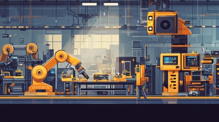 Wall Mural - Overview of factory machinery and equipment, integration of robotics and human workers, high-tech industrial setting