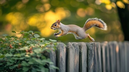 A squirrel running across a fence or ledge, with a clear background of natural greenery.