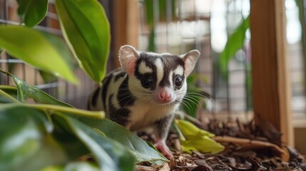 A sugar glider exploring a small outdoor pen with fresh leaves and natural elements.