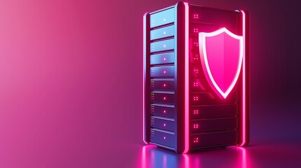 A futuristic computer server with a glowing shield emblem symbolizing data security and protection in technology.