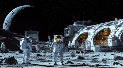 Wall Mural - space habitat on the lunar surface, astronauts living and working, advanced technology and comfortab