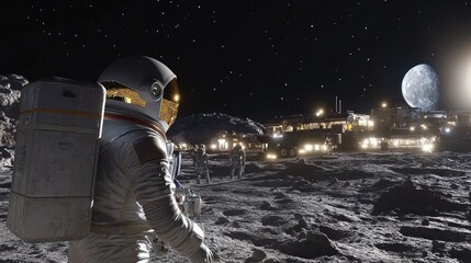 Wall Mural - space habitat on the lunar surface, astronauts living and working, advanced technology and comfortab