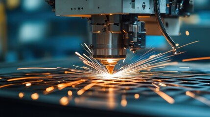 A laser cutting machine creating sparks while processing metal sheets.