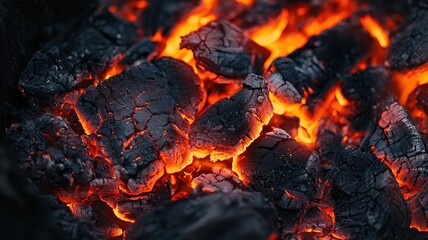 Intense close-up of glowing charcoal embers, showcasing the vibrant orange and deep black textures, perfect for culinary and nature themes.