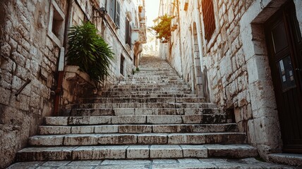 Wall Mural - Scenic view of an ancient stone staircase surrounded by historic buildings and greenery under soft, warm sunlight.