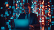 © Shahazadi - Professional man working on a laptop surrounded by glowing data and technology at night