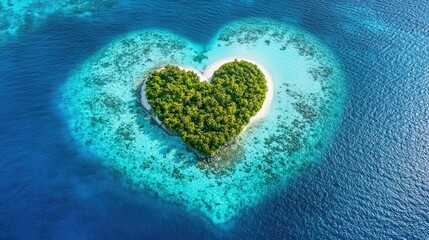 Aerial view of a heart-shaped island surrounded by vibrant coral reefs in the Maldives.