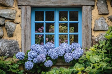 Charming blue window with vibrant hydrangeas in full bloom during a sunny day in a quaint countryside setting. Generative AI