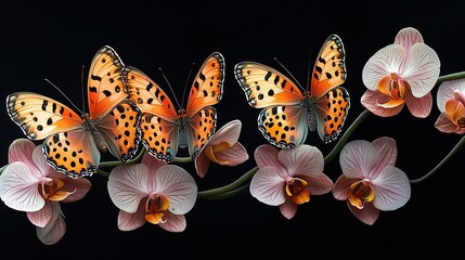 Poster - Butterflies and Flowers on Black Background : Generative AI
