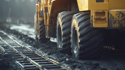 Close-up of a heavy machinery tire on muddy ground near railway tracks.