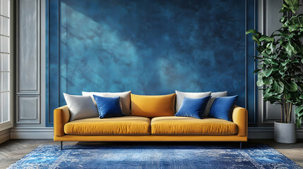 Wall Mural - 3D Rendering of a Yellow Sofa with Blue Pillows in a Room with a Blue Wall, White Trim, and a Plant