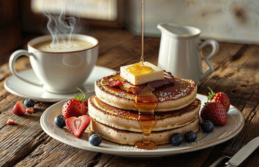 Pancakes with honey and berries on a rustic wooden table.