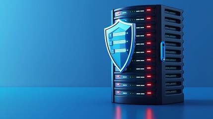 A modern server with a security shield, showcasing technology and data protection in a sleek blue environment.