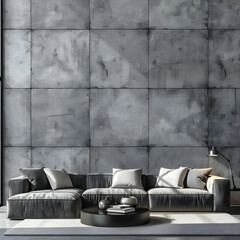 Wall Mural - Modern Living Room with Grey Concrete Wall and Sectional Sofa - 3D Illustration