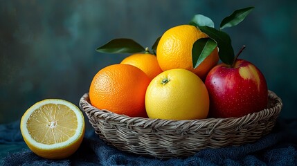 Delicious Apples Oranges and Lemon in a Straw Basket : Generative AI