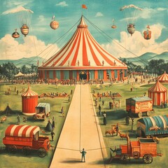 An old-style circus poster featuring a grand tent, tightrope walkers, and carnival wagons in a nostalgic illustration