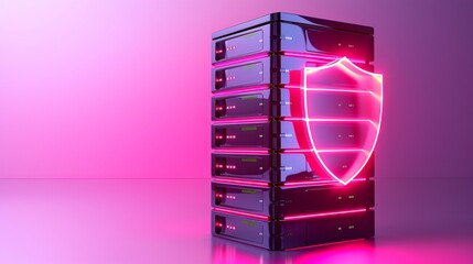 A sleek server tower with a glowing shield symbol, representing data security and protection in a vibrant digital environment.