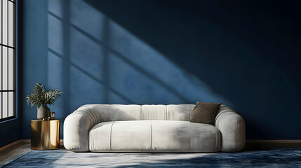 Wall Mural - Blue Wall Interior Design with White Sofa and Golden Table - 3D Illustration