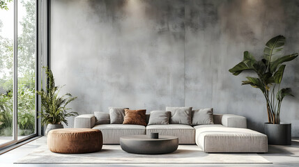 Wall Mural - Modern Living Room Interior Design with Grey Sofa and Concrete Wall 3D Illustration