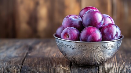 Ripe Plums in a Metallic Bowl on an Old Wooden Table : Generative AI