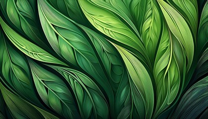 Intricate abstract pattern resembling green leaves, featuring a flowing, layered design with a textured, natural appearance.