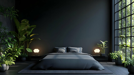 Wall Mural - Dark Modern Bedroom Interior Design 3D Illustration