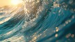 © Theeranan - Detailed closeup of a cresting ocean wave, with sunlight glistening on the surface and spray flying through the air