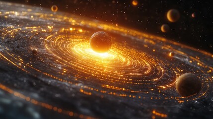 A cosmic scene depicting swirling planets and glowing energy.