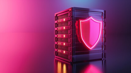 Wall Mural - Conceptual representation of data security with a neon shield over a storage device, emphasizing protection and technology.