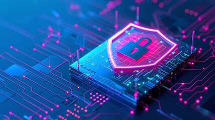 Digital security concept featuring a glowing padlock shield on a circuit board, representing cybersecurity and data protection.