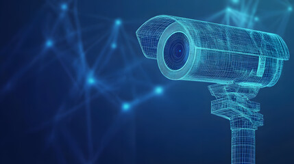 A low polygon CCTV security camera wireframe mesh displayed on a blue background.