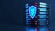 © Tackey - Digital server stack with glowing security shield, representing data protection and cybersecurity technology in a modern environment.