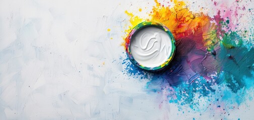 Poster - A vibrant splash of colorful paint surrounds a white paint container, creating an artistic and lively composition.