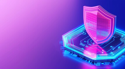 Digital shield symbolizing cybersecurity protection on a vibrant neon background with tech elements.