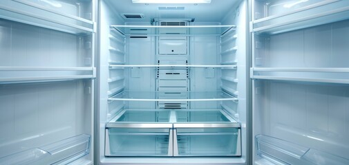 A clean, empty refrigerator showcasing spacious shelves and drawers, perfect for fresh food storage and organization.