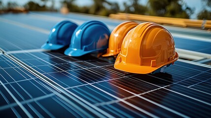 Multiple hard hats on solar panels. Two yellow and two blue hard hats lie on solar panels, indicating teamwork and the construction of a solar energy project.