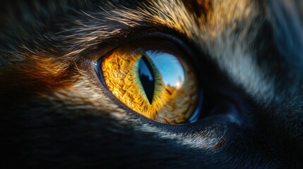 Wall Mural - Macro photograph of a cat's eye, with sharp focus on the vibrant colors and reflections, highlighting the feline intensity