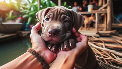 A young woman and a girl each with a black Labrador puppy